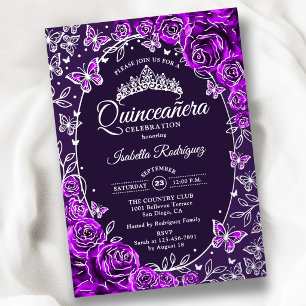 Invitation En Aluminium Papillons Argent Violets Roses Quinceanera