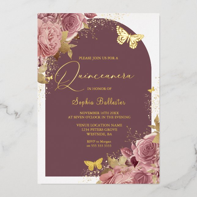 Invitation En Aluminium Papillons dorés Blush Floral Quinceanera Or (Recto)