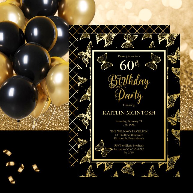 Invitation En Aluminium Papillons Élégants Fête d'anniversaire 60 ans Noir (Créateur téléchargé)