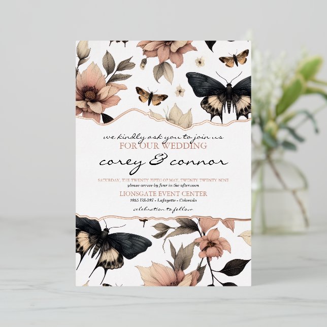 Invitation En Aluminium Papillons floraux doux (Debout devant)