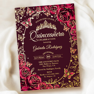 Invitation En Aluminium Papillons Or Bourgogne Roses Quinceanera