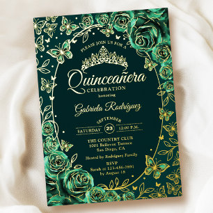 Invitation En Aluminium Papillons Or Vert Émeraude Roses Quinceanera