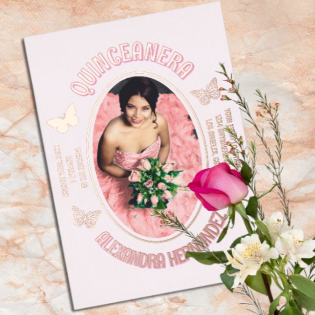 Invitation En Aluminium Papillons roses Quinceanera (Créateur téléchargé)
