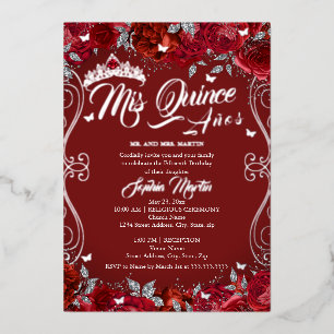 Invitation En Aluminium Parchemin Floral Rubis Rouge Mis Quince Quinceaner