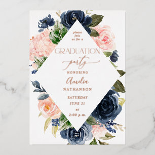 Invitation En Aluminium Parti de graduation florale bleu et bleu marine