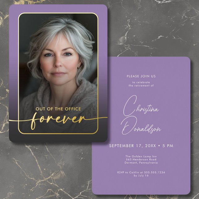 Invitation En Aluminium Parti de retrait photo minimaliste violet moderne (Modern Minimal Purple Photo Retirement Party Foil Invitation)