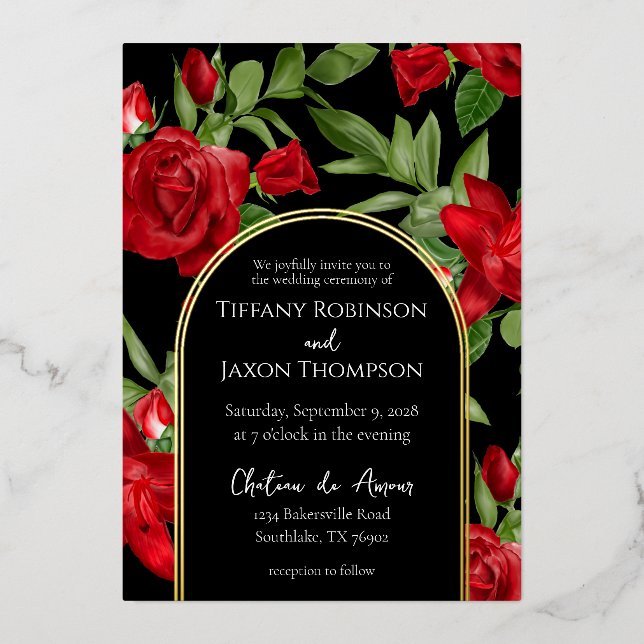 Invitation En Aluminium Partie II Beau Rouge Double Arc Noir Mariage Réel (Recto)