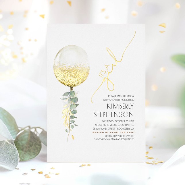 Invitation En Aluminium Parties scintillant d'or Balloon mignon Baby showe (Real Gold Foil Greenery Baby Shower Invitation)