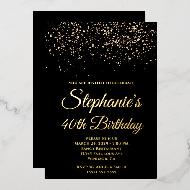 Invitation En Aluminium Parties scintillant d'or Noir 40e anniversaire (Recto/Verso)