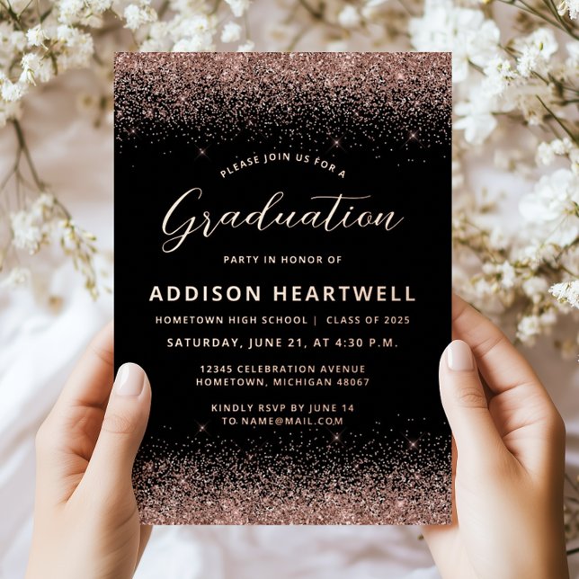 Invitation En Aluminium parties scintillant d'or Rose 2025 Black Graduatio (Créateur téléchargé)
