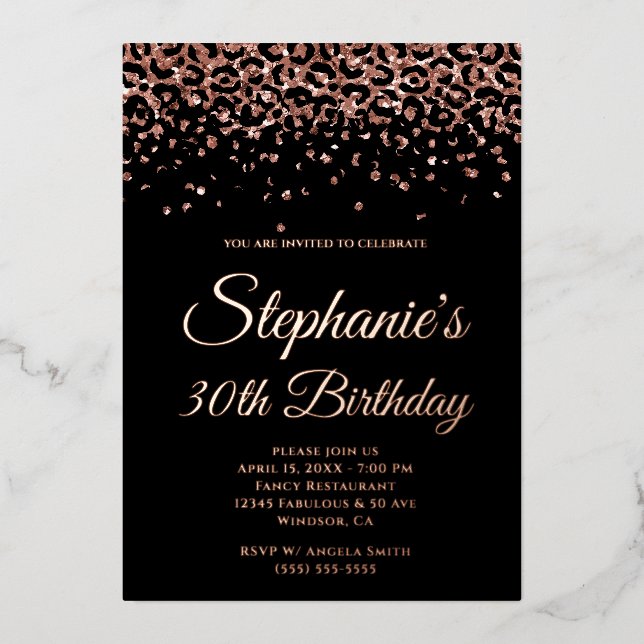 Invitation En Aluminium Parties scintillant d'or rose Léopard Glam Noir 30 (Recto)