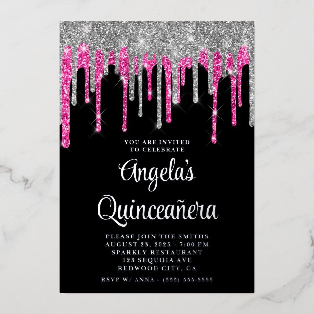 Invitation En Aluminium Parties scintillant noire en argent profond rose p (Recto)