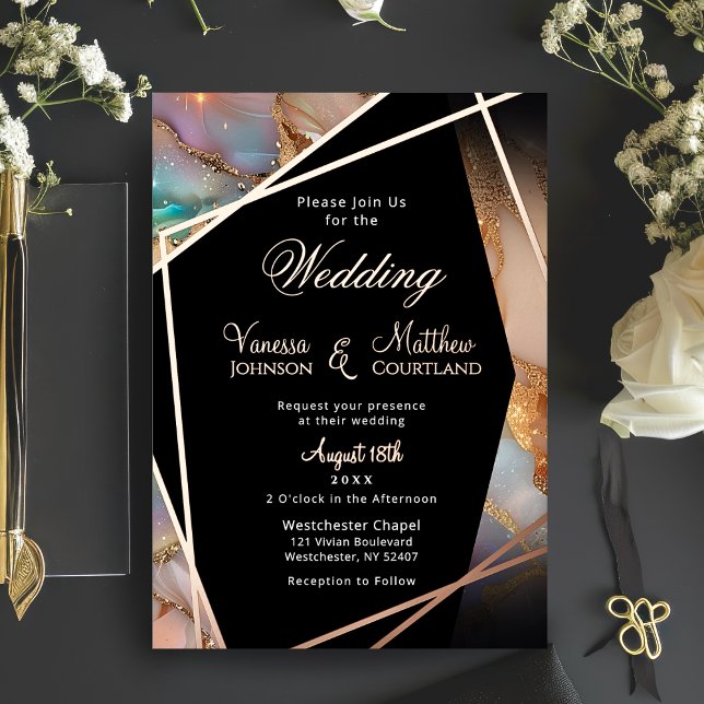 Invitation En Aluminium Parties scintillant Opal moderne Mariage de cadre  (Modern Opal Glitter Geometric Frame Wedding Foil Invitation)