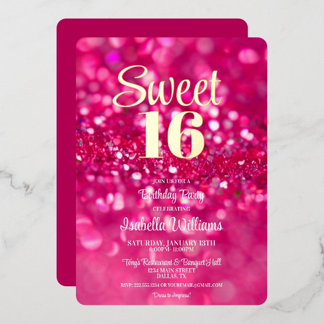 Invitation En Aluminium Parties scintillant rose chaud glam Sweet 16 Invit (Recto/Verso)