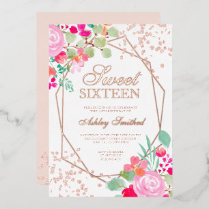 Invitation En Aluminium parties scintillant rose or rose floral aquarelle 