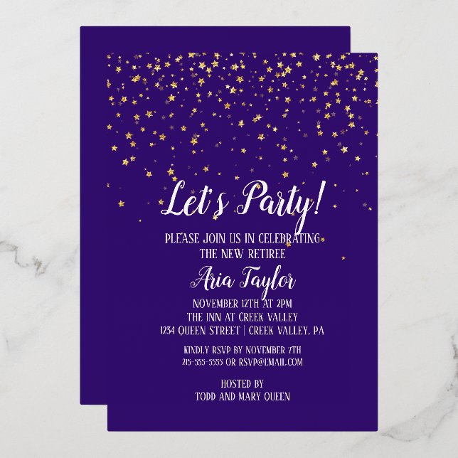 Invitation En Aluminium Party Gold Confetti|Purple Retirement Gold (Recto/Verso)