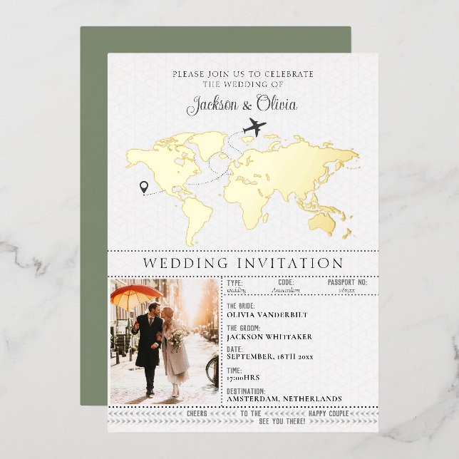 Invitation En Aluminium Passeport de mariage de destination Sage Green (Recto/Verso)