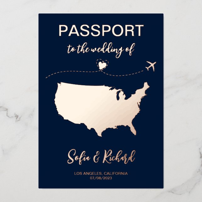 Invitation En Aluminium Passeport Mariage Destination Gold Foil fond (Recto)
