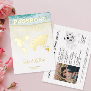 Invitation En Aluminium Passeport Mariage Destination Gold Foil fond