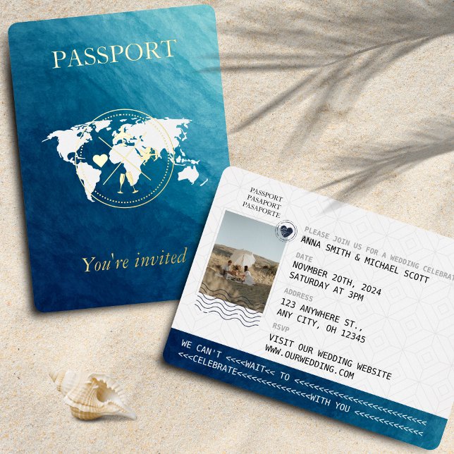 Invitation En Aluminium Passeport Océan & Or Mariage Destination Photo (Ocean Passport Wedding)