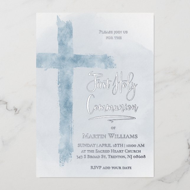 Invitation En Aluminium pastel bleu Croix sainte Première communion (Recto)