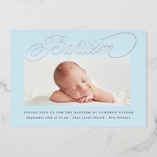 Invitation En Aluminium Pastel Blue Subtle Cross One Photo Baptême Argent (Recto)