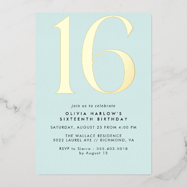 Invitation En Aluminium Pastel Light Blue & Gold | Simple Cute Sweet 16 (Recto)