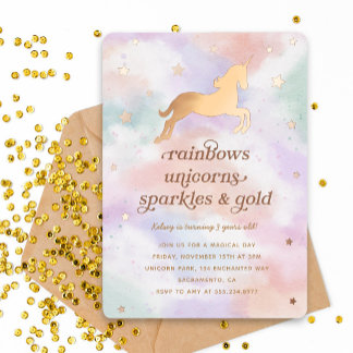 Invitation En Aluminium Pastel Rainbow Gold Unicorn Birthday Party