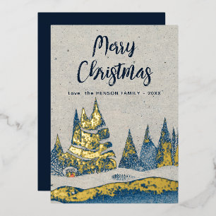 Invitation En Aluminium Paysage d'hiver Forêt Marine Or bleu