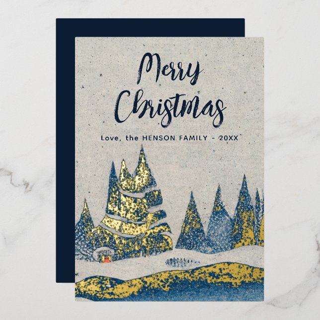 Invitation En Aluminium Paysage d'hiver Forêt Marine Or bleu (Recto/Verso)