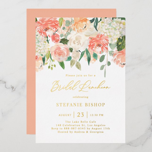 Invitation En Aluminium Peach aquarelle et Fleurs d'ivoire Déjeuner nuptia (Recto/Verso)