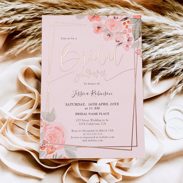 Invitation En Aluminium Peach floral rose or script nuptiale douche (Créateur téléchargé)