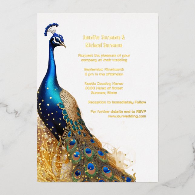 Invitation En Aluminium Peacock oiseau luxe or bleu émeraude vert réel (Recto)