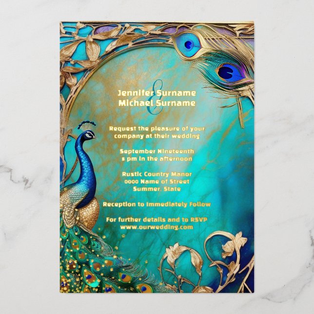 Invitation En Aluminium Peacock plumes iridiscent Art nouveau luxe (Recto)