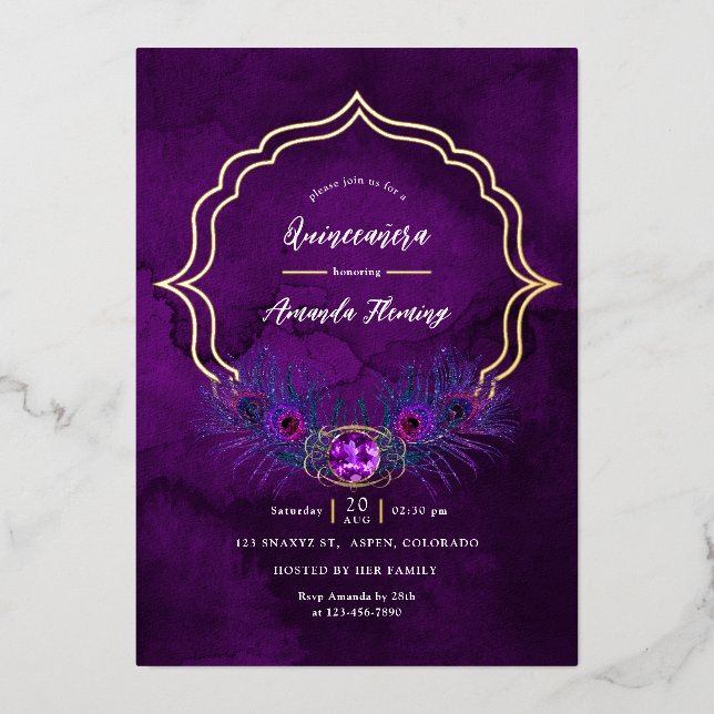 Invitation En Aluminium Peacock violet or Floral Quinceañera (Recto)