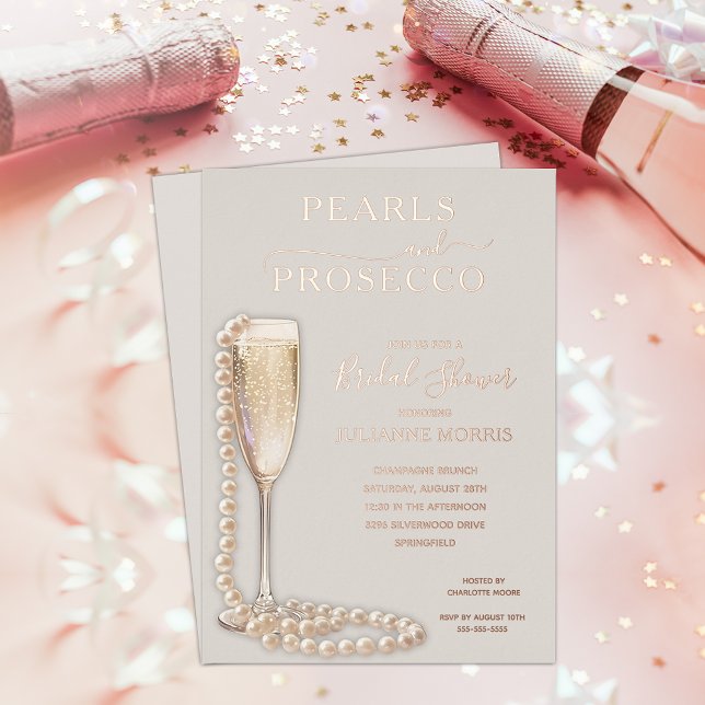 Invitation En Aluminium Pearls and Prosecco Bridal Shower Brunch & Bubbly (Pearls and Prosecco Bridal shower brunch & bubbly REAL ROSE GOLD FOIL on taupe invitations)