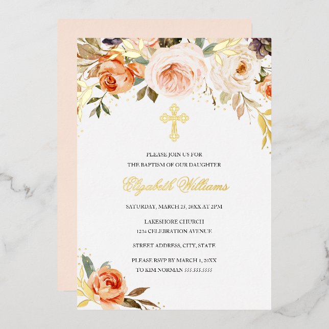 Invitation En Aluminium Pêcher or Aquarelle Floral Girl Baptême (Recto/Verso)