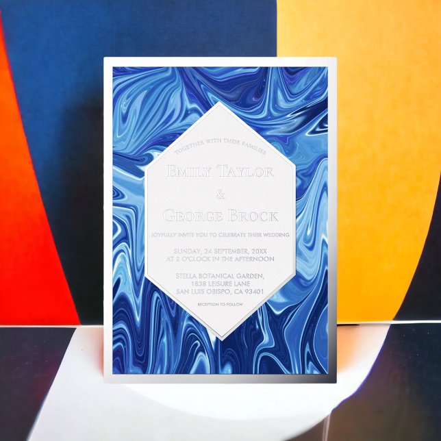 Invitation En Aluminium Peinture Abstraite à l'huile bleue Mariage Argent (Créateur téléchargé)