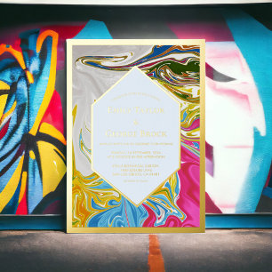 Invitation En Aluminium Peinture Abstraite Élégante et Colorée Mariage Or
