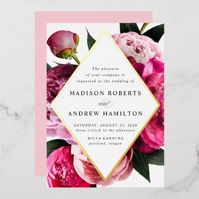 Invitation En Aluminium Peonies Vibrantes Diamond Floral Frame Mariage Or (Recto/Verso)