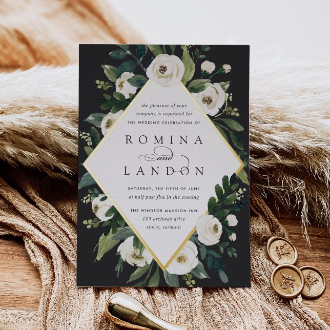 Invitation En Aluminium Peony blanc | Mariage de cadre fleuri géométrique (Créateur téléchargé)