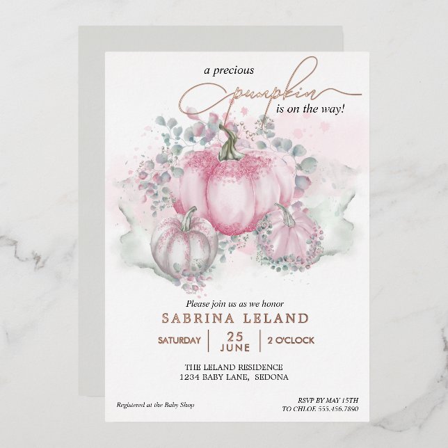 Invitation En Aluminium Petit Citrouille Aquarelle rose Baby shower fille (Recto/Verso)