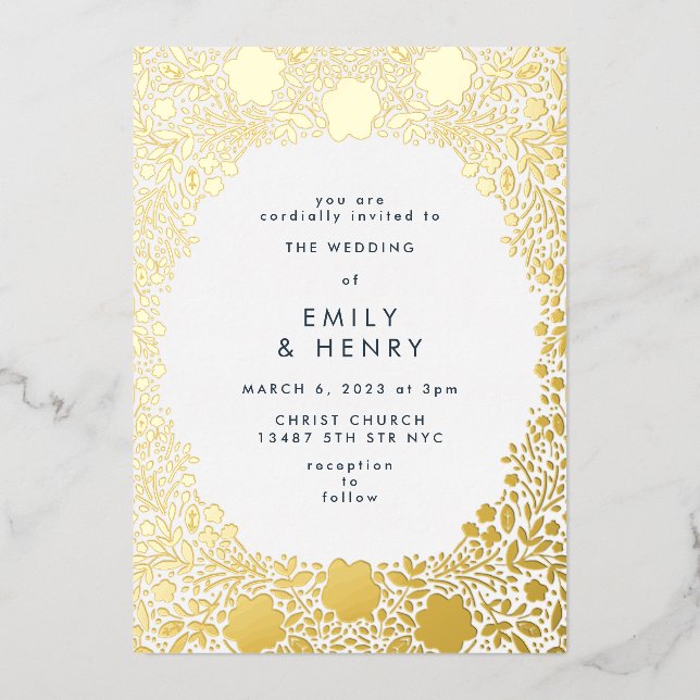 Invitation En Aluminium Petit Mariage Floral en or pressé (Recto)