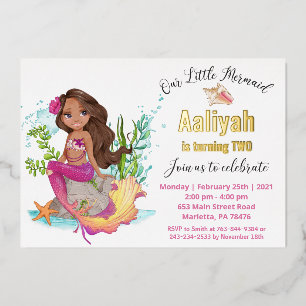Invitation En Aluminium Petite Sirène Afroamerican Anniversaire Real Foil 
