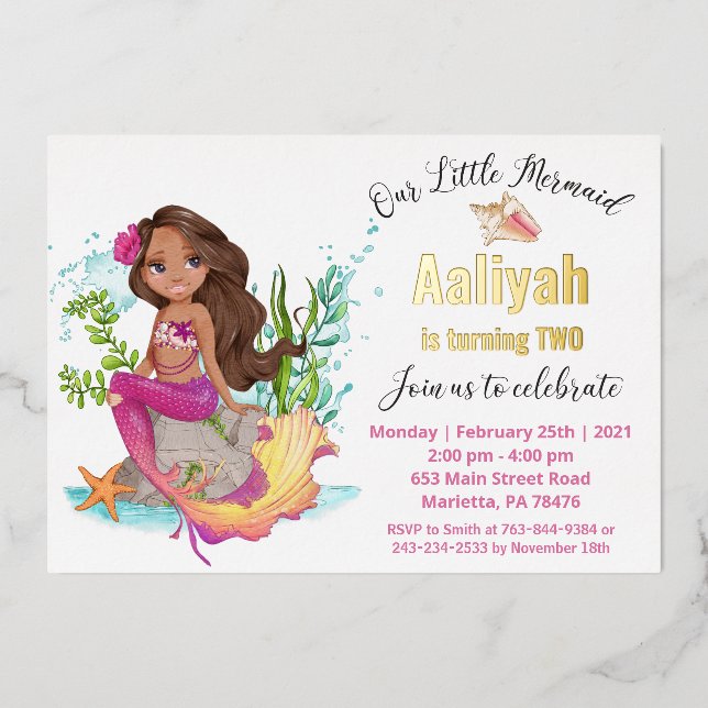 Invitation En Aluminium Petite Sirène Afroamerican Anniversaire Real Foil  (Recto)