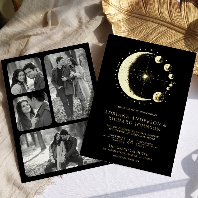 Invitation En Aluminium Phases Crescent Lune céleste Mariage noir Or (Créateur téléchargé)