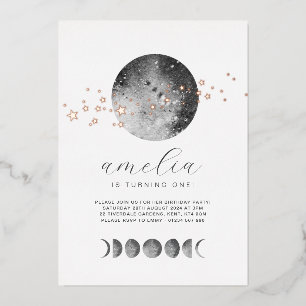 Invitation En Aluminium Phases de Lune Étoiles Dorées Anniversaire Rose Go