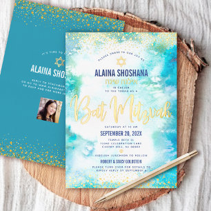 Invitation En Aluminium Photo aquarelle turquoise avec or véritable Bat Mi