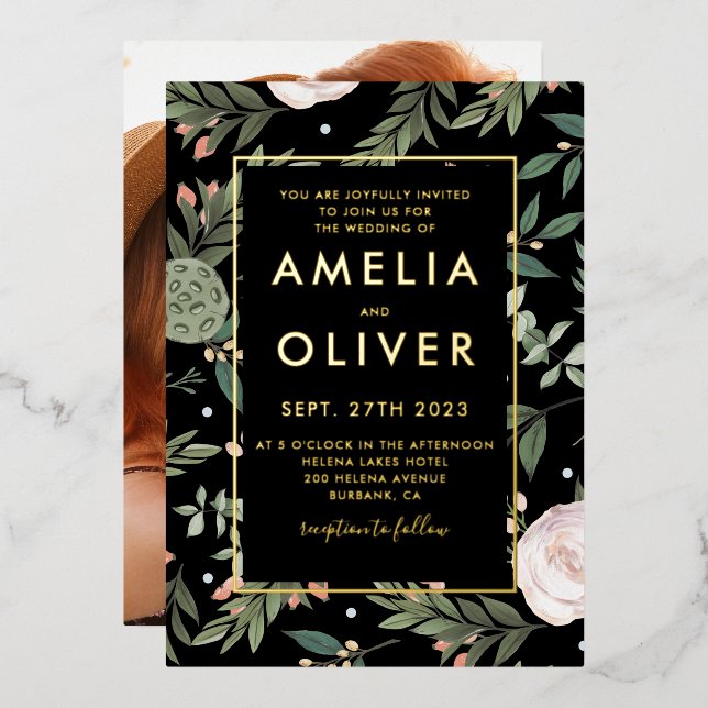 Invitation En Aluminium Photo Black Blush Floral Mariage Gold Foil (Recto/Verso)