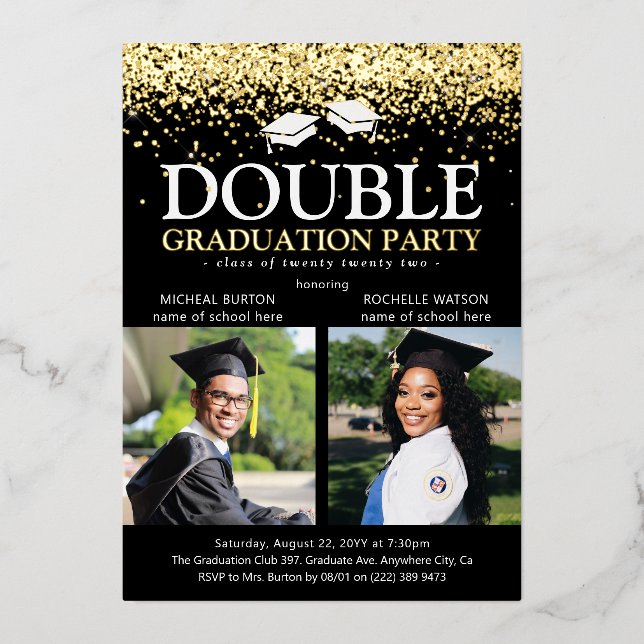 Invitation En Aluminium Photo Black & Gold Foil Double Graduation Party (Recto)